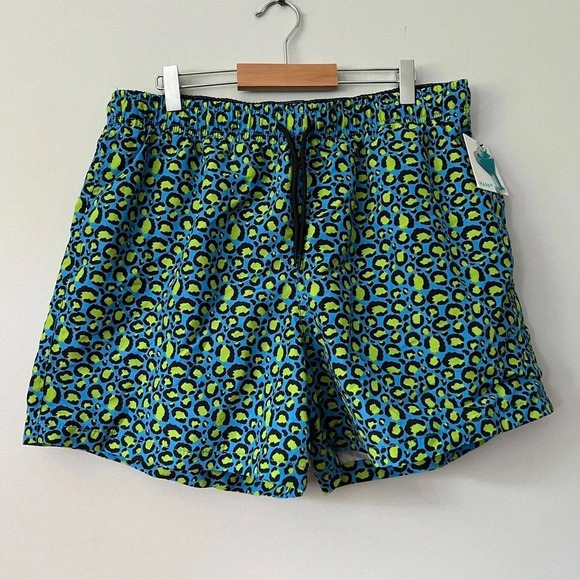 Happy  Hour Swim Trunks Shorts Lined | Blue & Green Leopard Print | Size XL - Picture 1 of 8